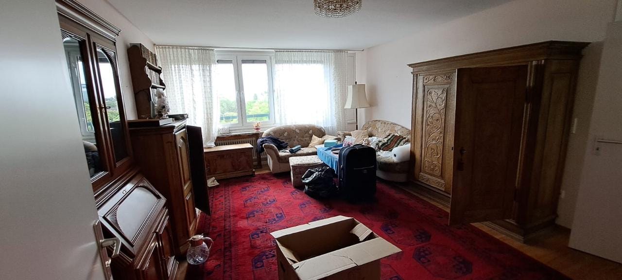 Möbliertes Wohnzimmer mit Teppich und Schrankwand vor der Auflösung
