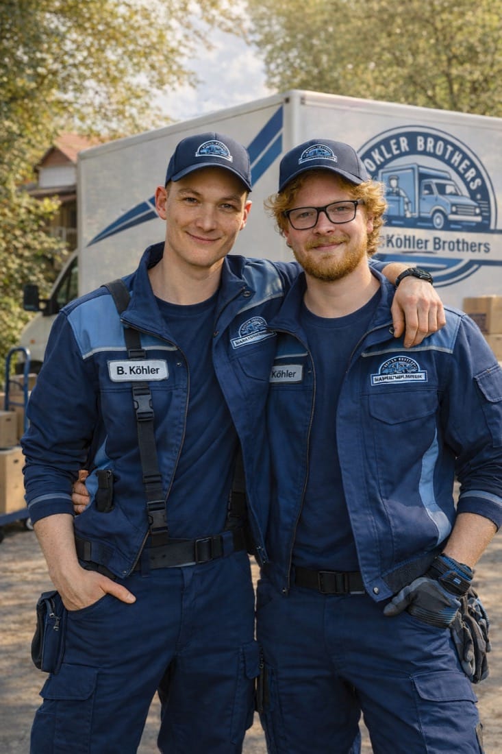 Henning und Bennet Köhler in Arbeitskleidung vor dem Köhler Brothers Transporter